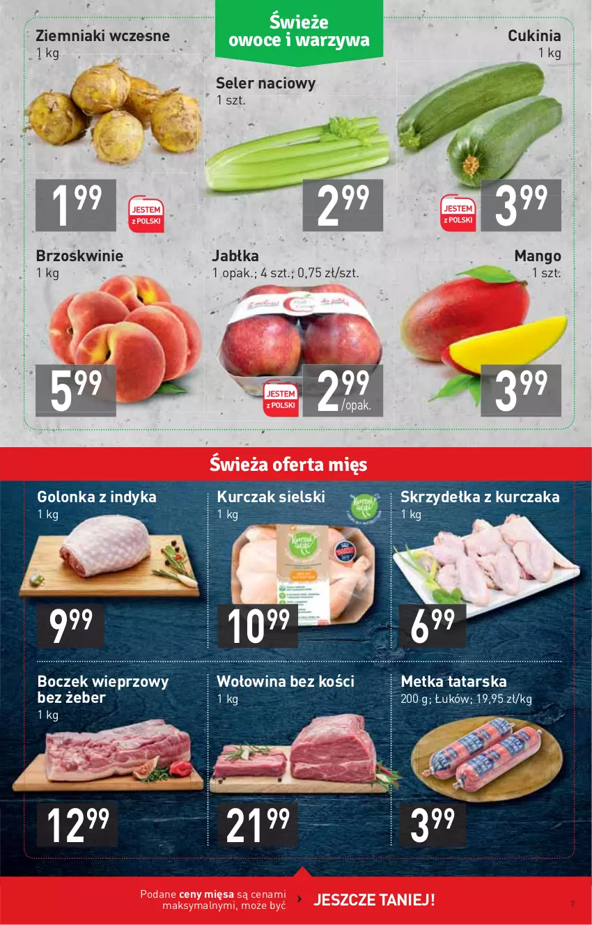 Gazetka promocyjna Stokrotka - Supermarket - ważna 01.07 do 07.07.2021 - strona 7 - produkty: Boczek, Boczek wieprzowy, Brzoskwinie, Golonka z indyka, Jabłka, Kurczak, Mango, Metka tatarska, Seler naciowy, Skrzydełka z kurczaka, Wołowina, Wołowina bez kości, Ziemniaki