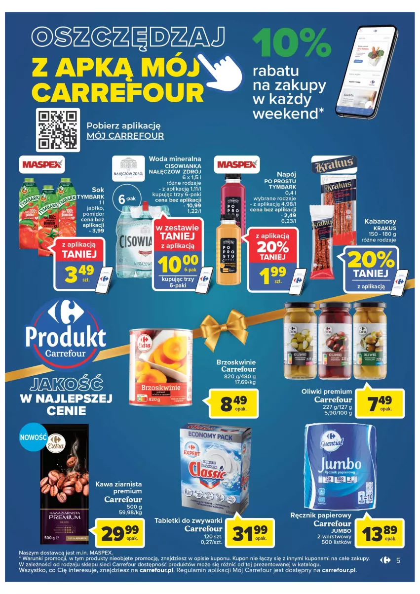 Gazetka promocyjna Carrefour - Gazetka Market w Dębicy - ważna 06.12 do 11.12.2022 - strona 5 - produkty: Kabanos, Kawa, Kawa ziarnista, Krakus, LG, Napój, Oliwki, Papier, Ręcznik, Sok, Tablet, Tymbark, Woda, Woda mineralna