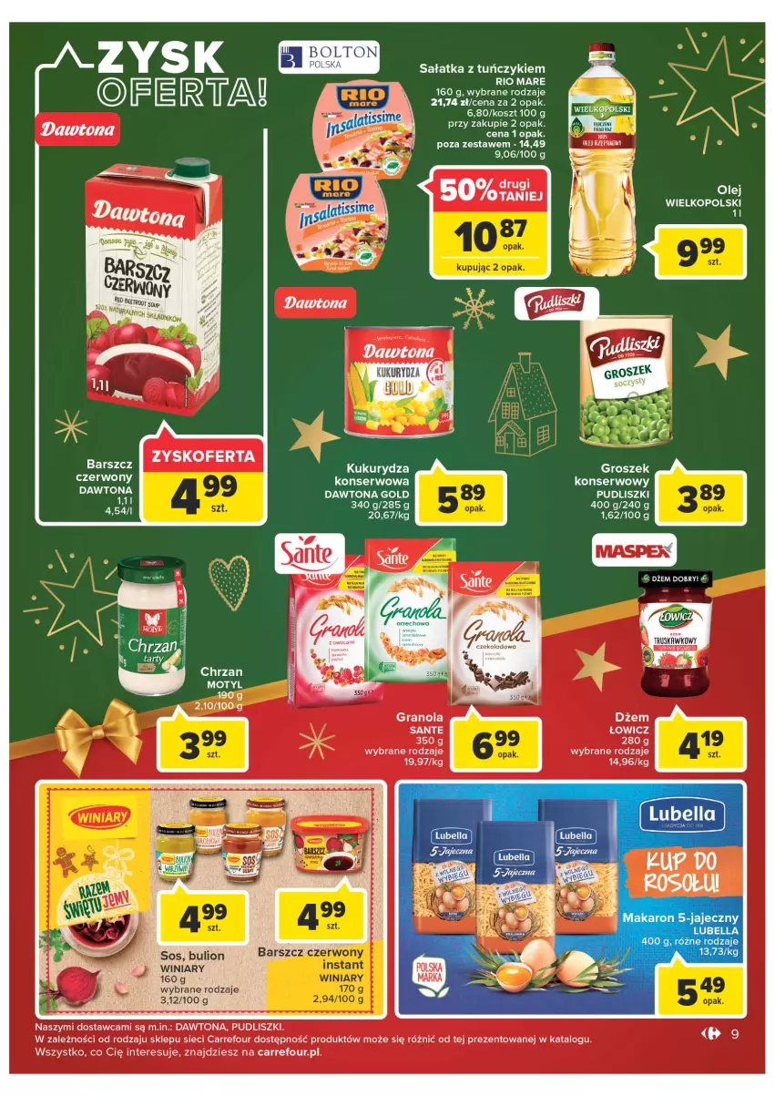 Gazetka promocyjna Carrefour - Gazetka Market w Dębicy - ważna 06.12 do 11.12.2022 - strona 9 - produkty: Bulion, Dawtona, Dżem, Gra, Granola, Groszek, Kosz, Kukurydza, Lion, Olej, Pudliszki, Rio Mare, Sałat, Sałatka, Sante, Ser, Sos, Tuńczyk, Winiary