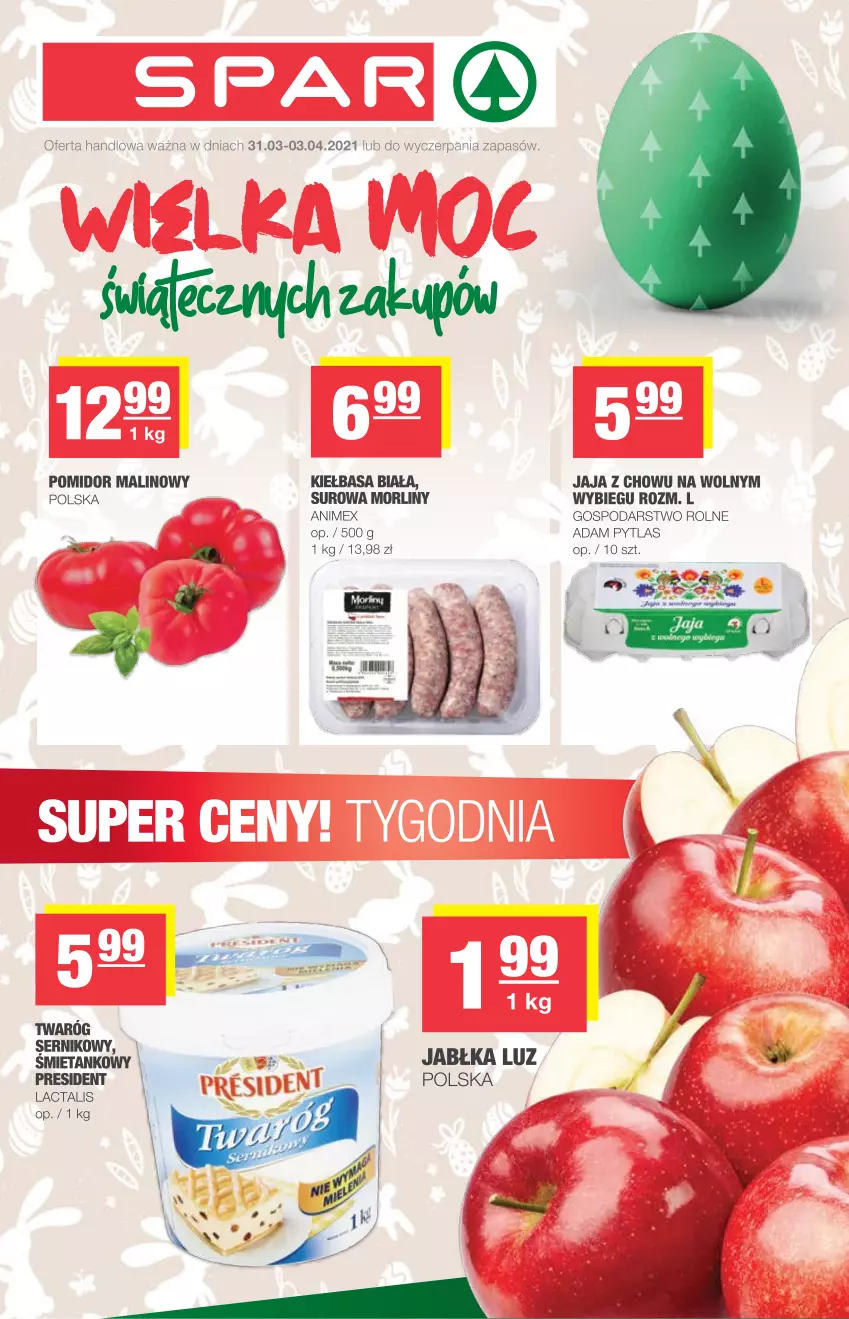 Gazetka promocyjna Spar - Express - ważna 31.03 do 03.04.2021 - strona 1 - produkty: HP, Jabłka, Jaja, Kiełbasa, Kiełbasa biała, Morliny, Pomidor malinowy, Twaróg