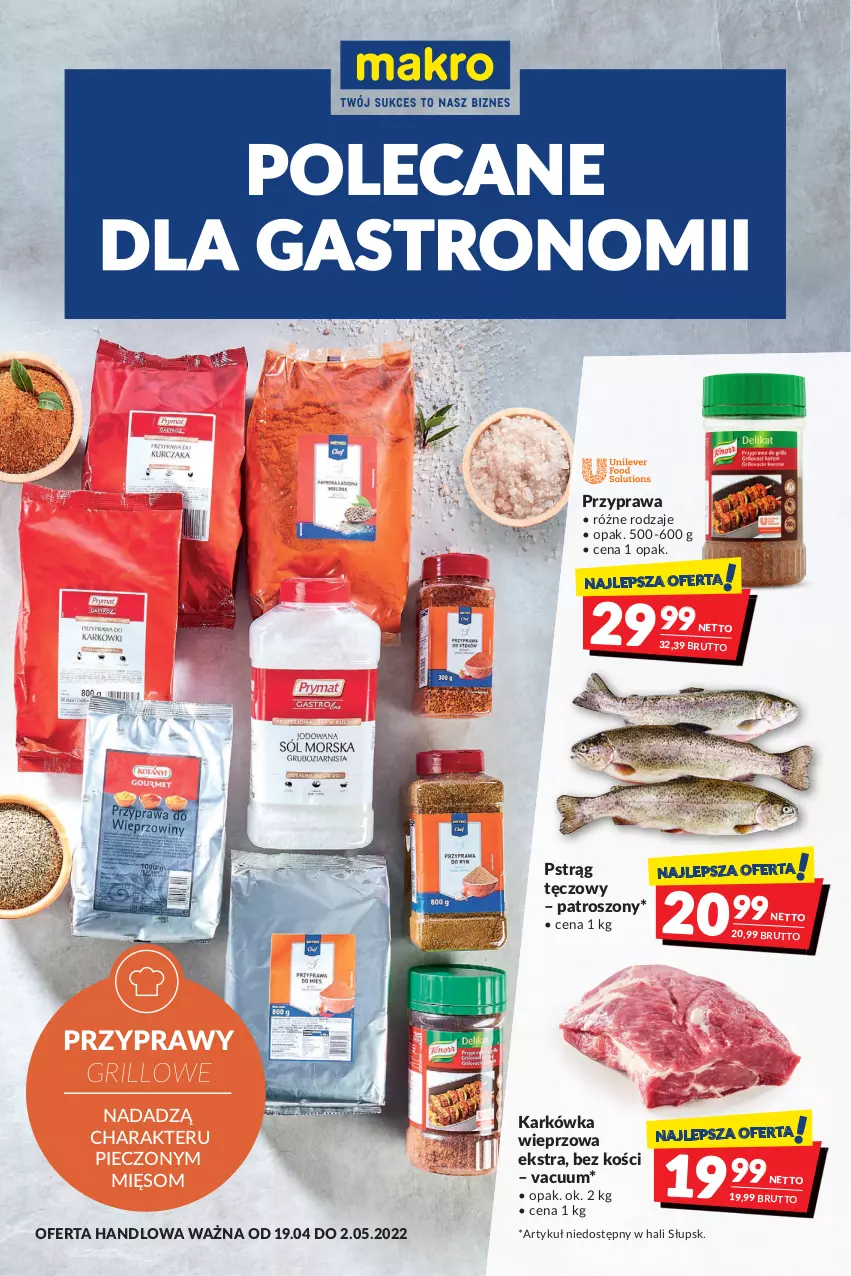 Gazetka promocyjna Makro - [Oferta promocyjna] Artykuły spożywcze i przemysłowe - ważna 19.04 do 02.05.2022 - strona 1 - produkty: Grill, Mięso, Piec, Przyprawy, Pstrąg