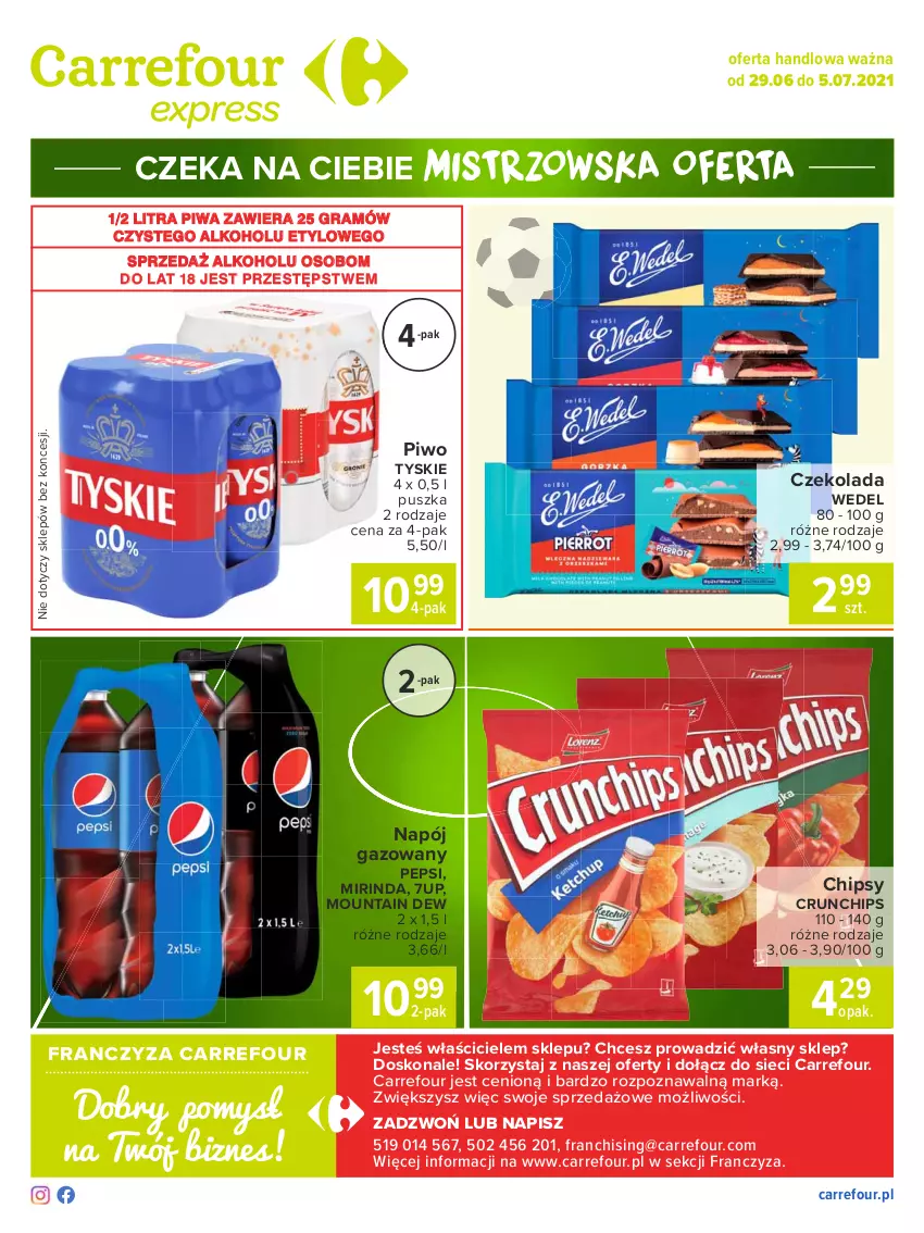 Gazetka promocyjna Carrefour - Gazetka Express - ważna 28.06 do 05.07.2021 - strona 2 - produkty: 7up, Chipsy, Crunchips, Czekolada, Gra, Mirinda, Napój, Napój gazowany, Pepsi, Piwa, Piwo, Tyskie