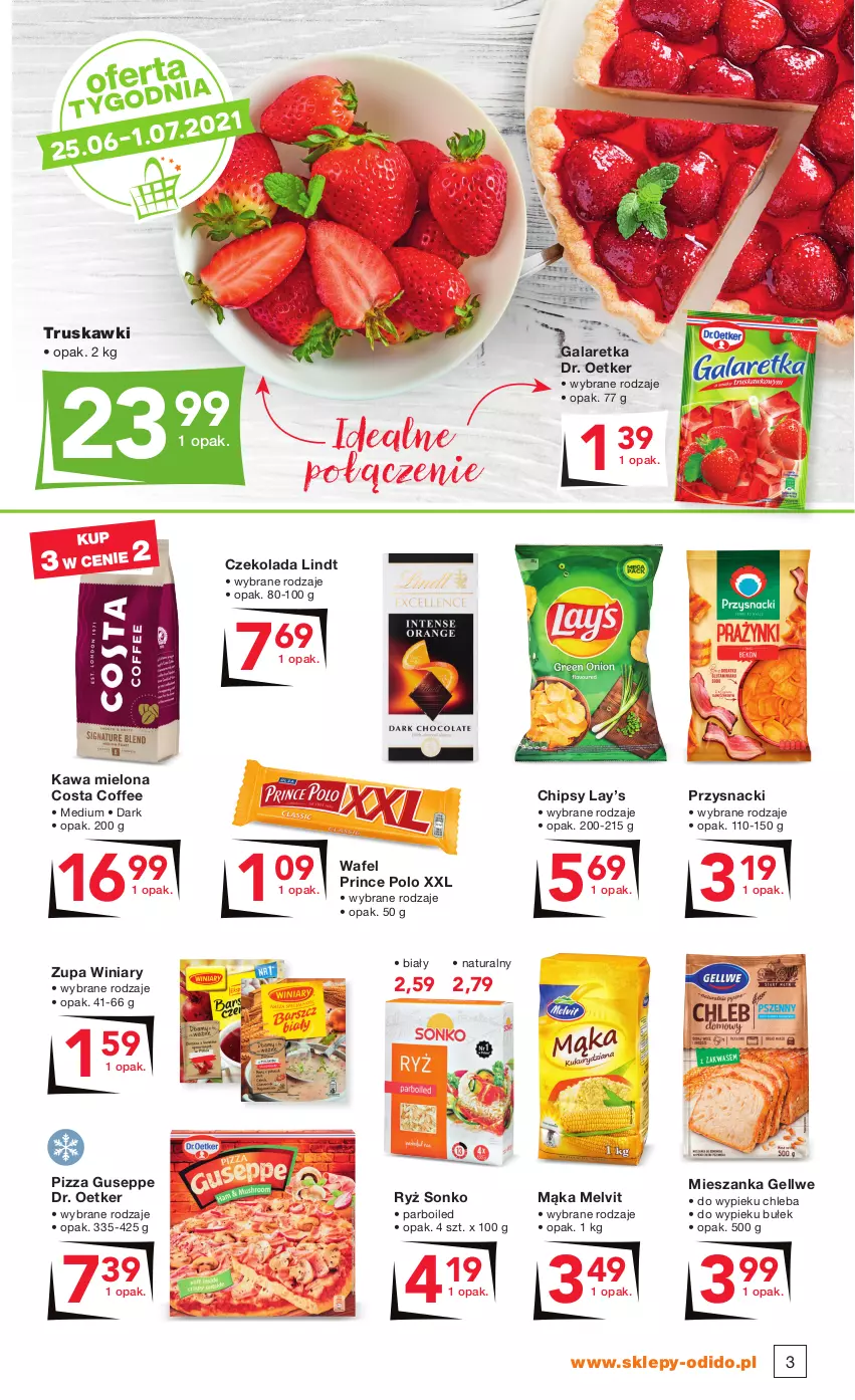 Gazetka promocyjna Odido - LATO wita promocjami - ważna 18.06 do 01.07.2021 - strona 3 - produkty: Chipsy, Chleb, Czekolada, Dr. Oetker, Gala, Galaretka, Kawa, Kawa mielona, Lay’s, Lindt, Mąka, Melvit, Pizza, Prince Polo, Przysnacki, Ryż, Sonko, Truskawki, Winiary, Zupa