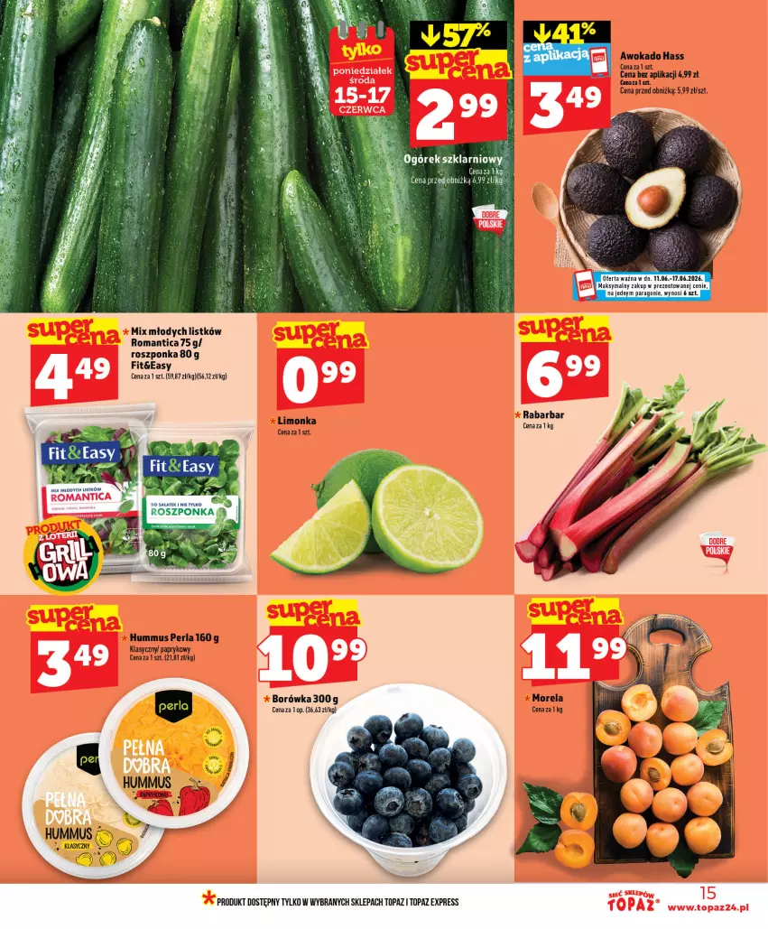Gazetka promocyjna Topaz - Gazetka - ważna 11.06 do 17.06.2026 - strona 15 - produkty: Borówka, Hummus, Limonka, Morela, Mus, Roszponka, Sałat, Top