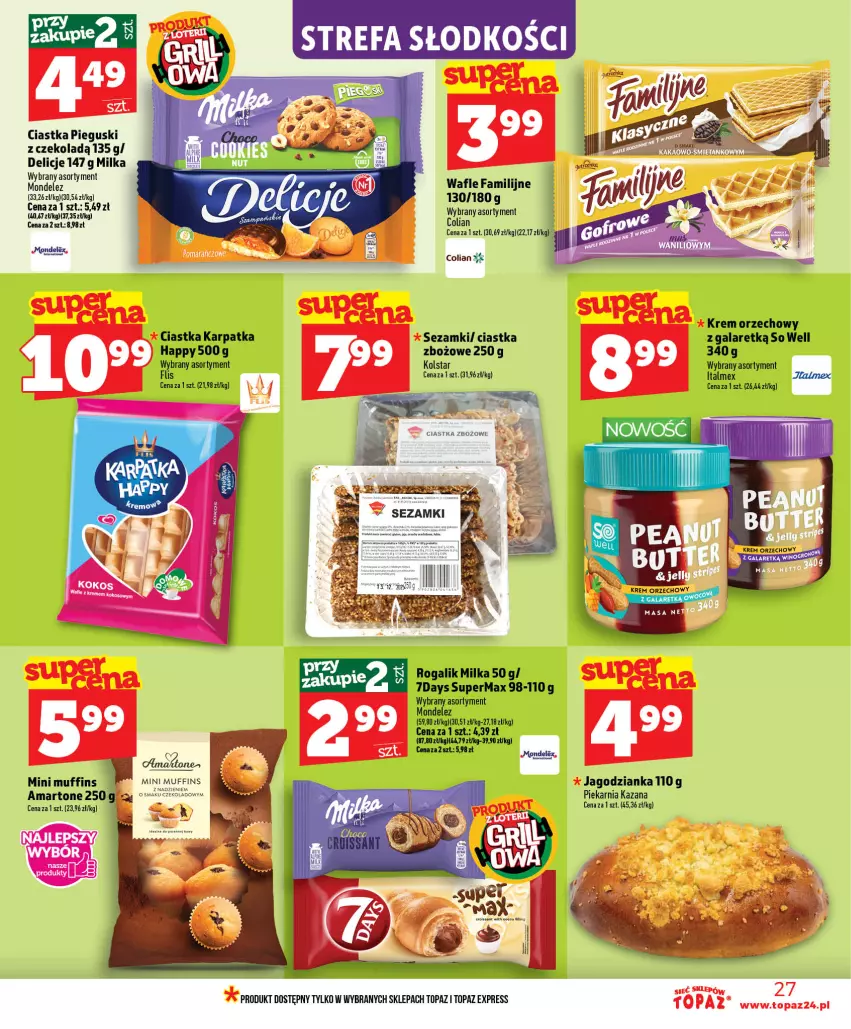 Gazetka promocyjna Topaz - Gazetka - ważna 11.06 do 17.06.2026 - strona 27 - produkty: Ciastka, Delicje, Fa, Gala, Jagodzianka, Karp, Krem orzechowy, Milka, Rogal, Sezam, Top, Wafle
