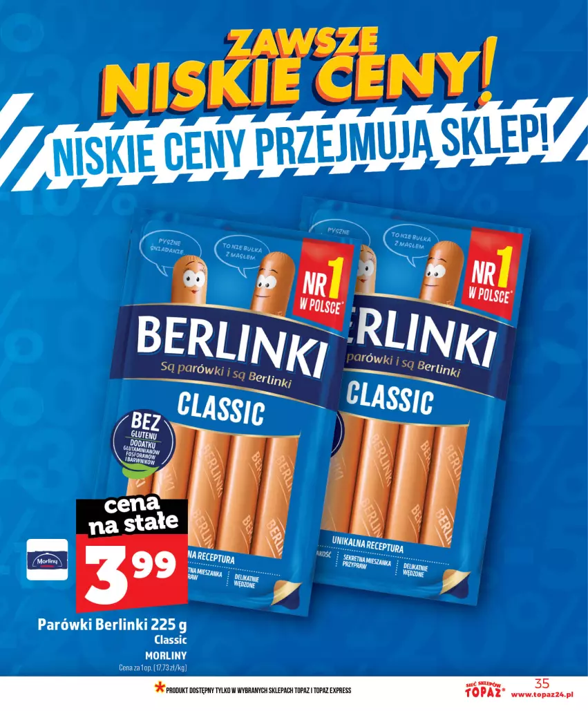 Gazetka promocyjna Topaz - Gazetka - ważna 11.06 do 17.06.2026 - strona 35 - produkty: Berlinki, Morliny, Parówki, Top