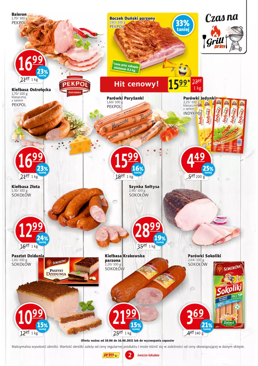 Gazetka promocyjna Prim Market - Gazetka - ważna 10.06 do 16.06.2021 - strona 2 - produkty: Boczek, Kiełbasa, Parówki, Parówki sokoliki, Pasztet, Pekpol, Ryż, Sok, Sokołów, Szynka