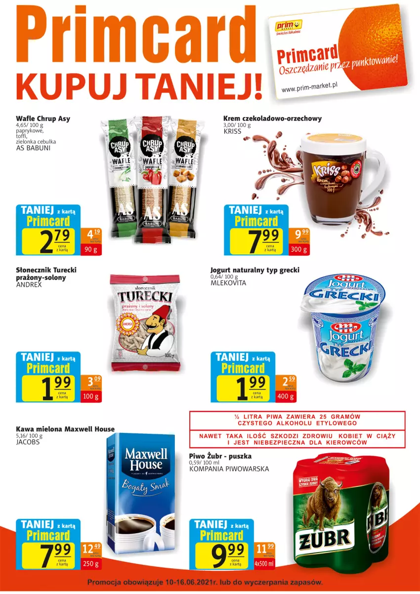 Gazetka promocyjna Prim Market - Gazetka - ważna 10.06 do 16.06.2021 - strona 7 - produkty: Babuni, Jacobs, Jogurt, Jogurt naturalny, Kawa, Kawa mielona, Mleko, Mlekovita, Piwo, Słonecznik turecki, Wafle