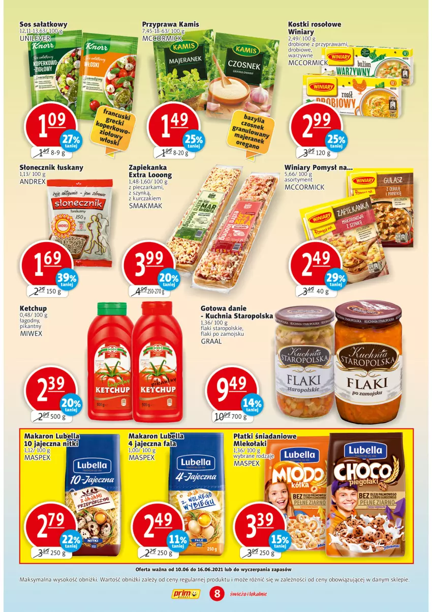 Gazetka promocyjna Prim Market - Gazetka - ważna 10.06 do 16.06.2021 - strona 8 - produkty: Bell, Bella, Danio, Fa, Flaki, Flaki po zamojsku, Gra, Graal, Kamis, Ketchup, Kostki rosołowe, Kuchnia, Kuchnia Staropolska, Kurczak, Lubella, Makaron, Mleko, Piec, Pieczarka, Sałat, Sok, Sos, Winiary, Zapiekanka