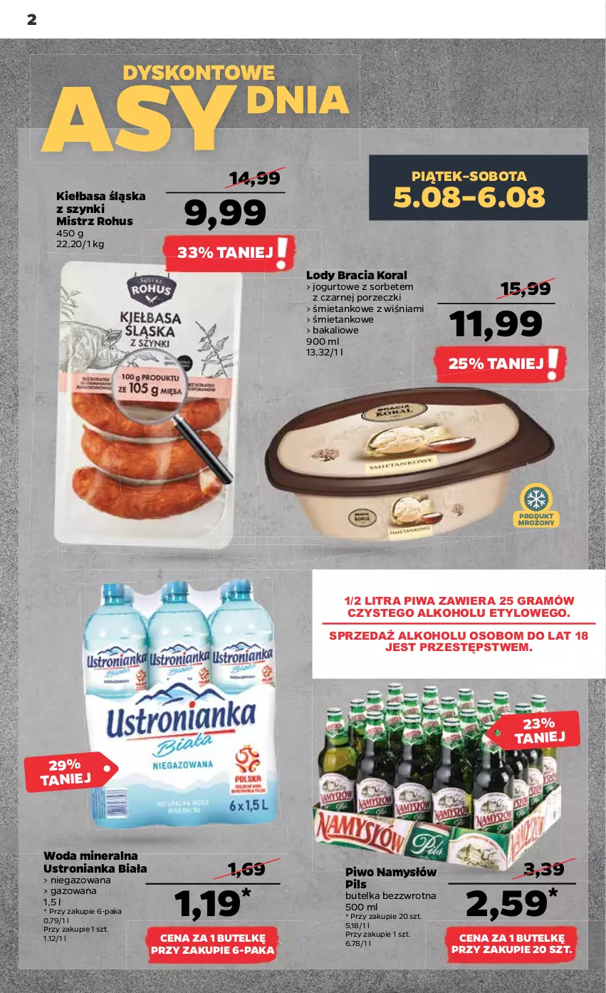 Gazetka promocyjna Netto - Artykuły spożywcze - ważna 04.08 do 10.08.2022 - strona 2 - produkty: Gra, Jogurt, Kiełbasa, Kiełbasa śląska, Lody, Namysłów, Piwa, Piwo, Por, Woda, Woda mineralna