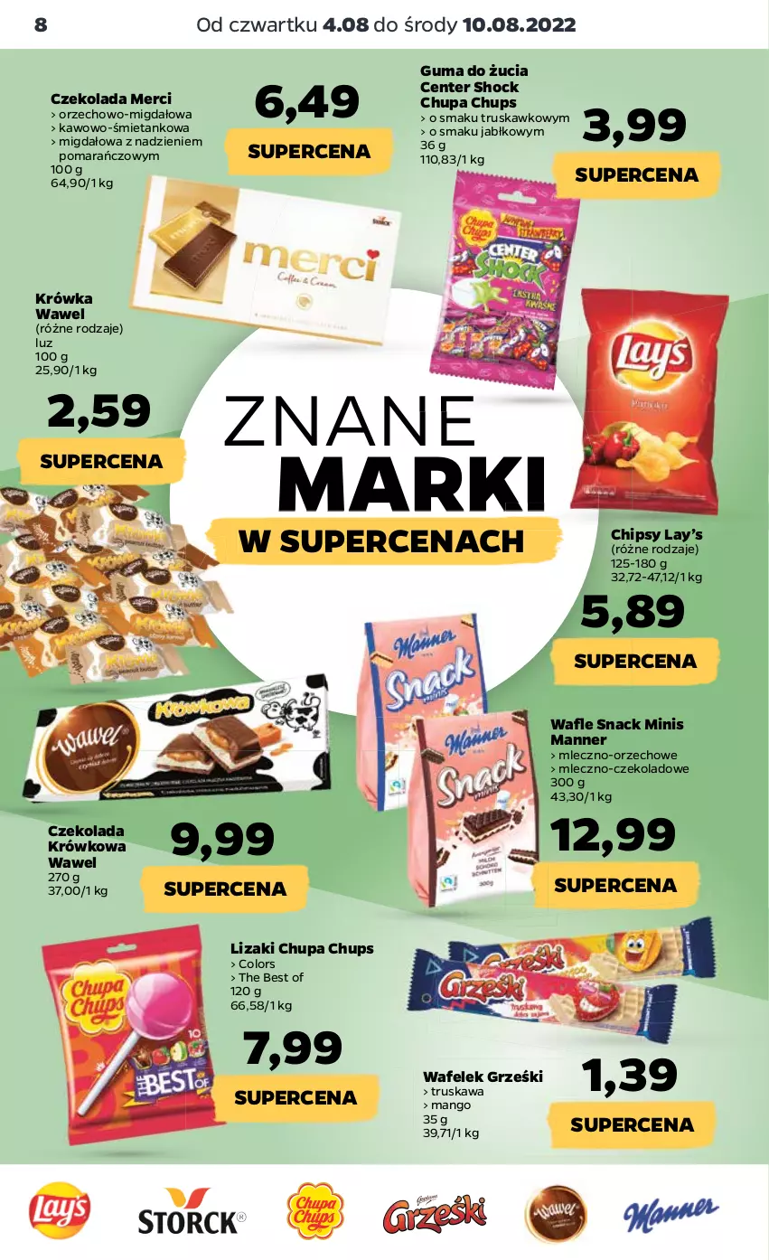 Gazetka promocyjna Netto - Artykuły spożywcze - ważna 04.08 do 10.08.2022 - strona 8 - produkty: Chipsy, Chupa Chups, Czekolada, Grześki, Guma do żucia, Kawa, Lay’s, Lizaki, Mango, Merci, Wafelek, Wafle, Wawel