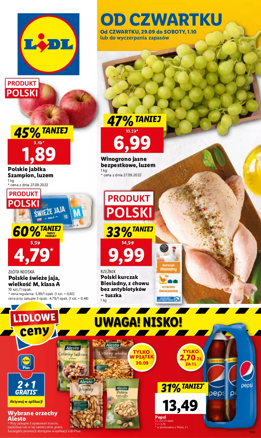 Gazetka promocyjna Lidl - GAZETKA - ważna 29.09 do 01.10.2022 - strona 1 - produkty: Gra, Jabłka, Jaja, Kurczak, Pepsi, Por, Szampion, Tusz, Waga, Wino