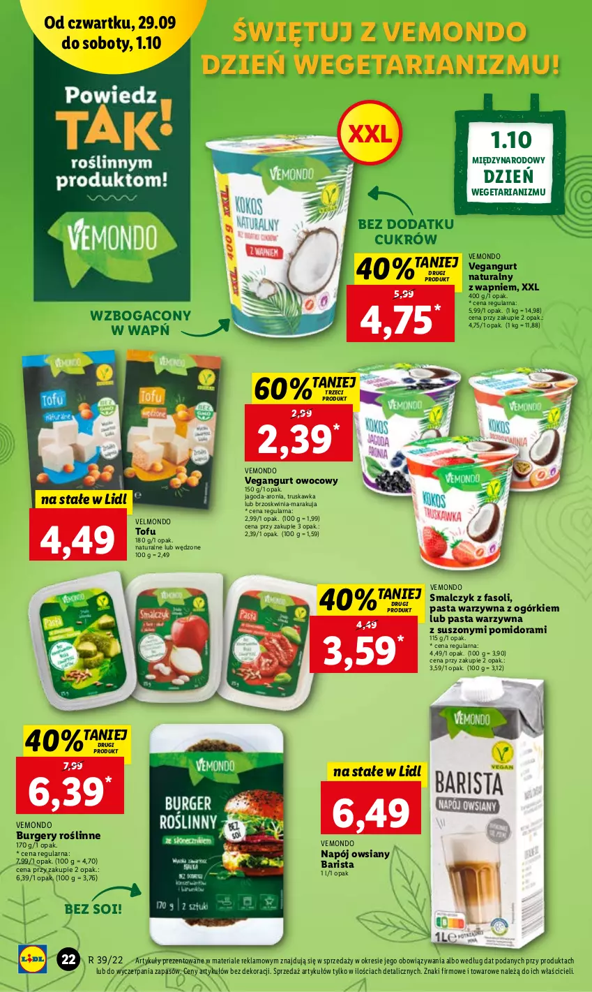 Gazetka promocyjna Lidl - GAZETKA - ważna 29.09 do 01.10.2022 - strona 22 - produkty: Aronia, Burger, Fa, Napój, Pasta warzywna, Tofu, Vegangurt