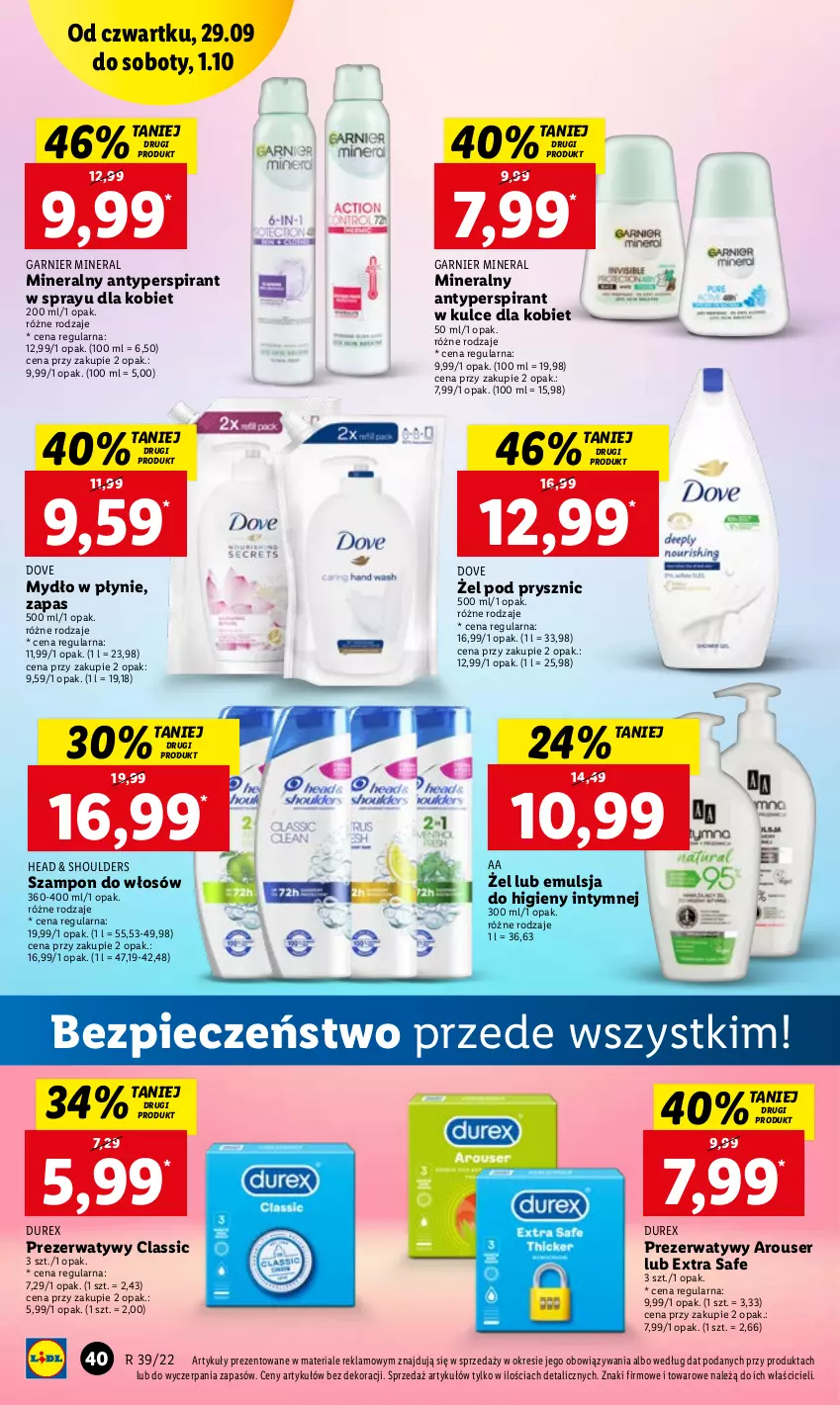 Gazetka promocyjna Lidl - GAZETKA - ważna 29.09 do 01.10.2022 - strona 40 - produkty: Antyperspirant, Dove, Durex, Emulsja, Garnier, Mydło, Mydło w płynie, Piec, Prezerwatyw, Ser, Szampon