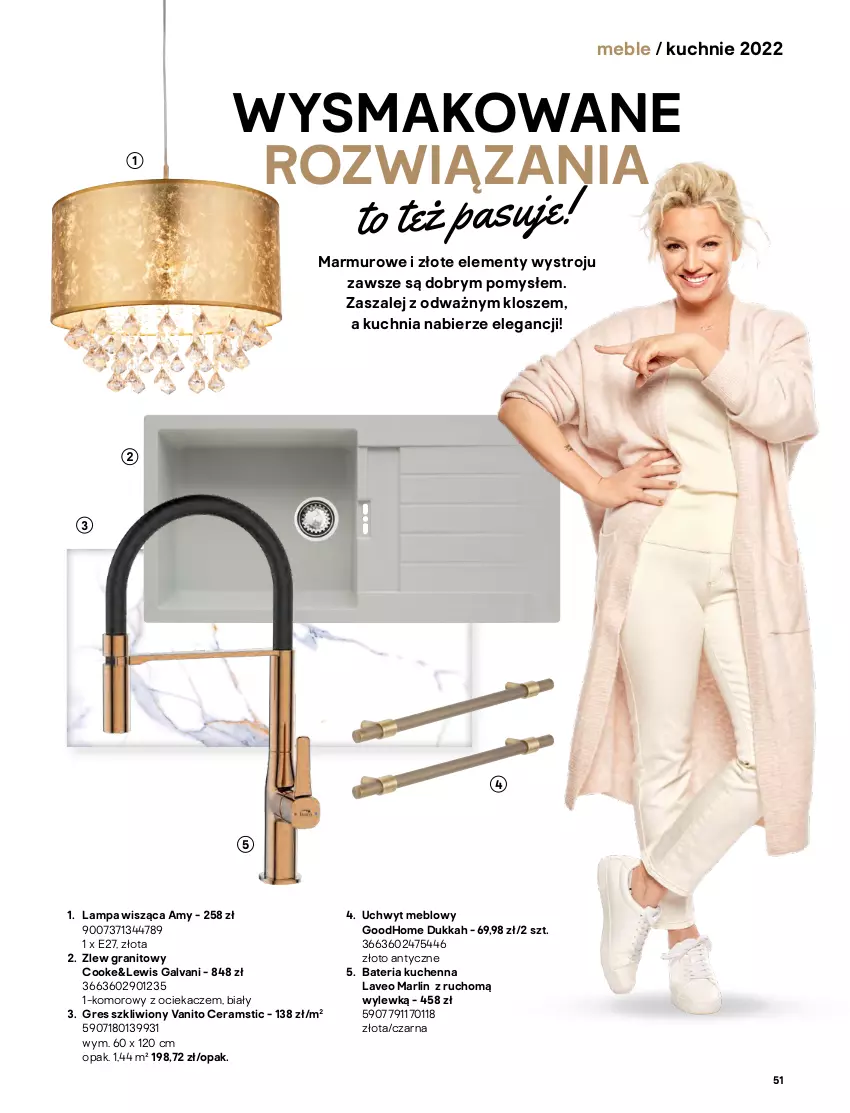 Gazetka promocyjna Castorama - Katalog kuchnie 2022 - ważna 01.04 do 31.12.2022 - strona 51 - produkty: Bateria, Bateria kuchenna, Dywan, Gra, Gres, Gres szkliwiony, Kuchnia, Lampa, Lampa wisząca, Meble, Ociekacz, Panel podłogowy, Szal, Zlew