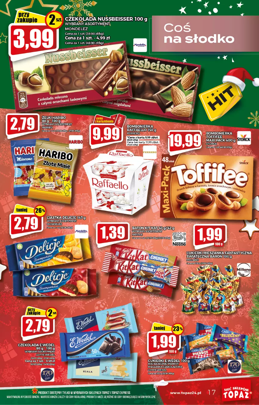 Gazetka promocyjna Topaz - Gazetka - ważna 16.12 do 24.12.2021 - strona 17 - produkty: Baton, Ciastka, Cukier, Cukierki, Czekolada, Delicje, Fa, Fanta, Haribo, Raffaello, Ser, Sok, Top