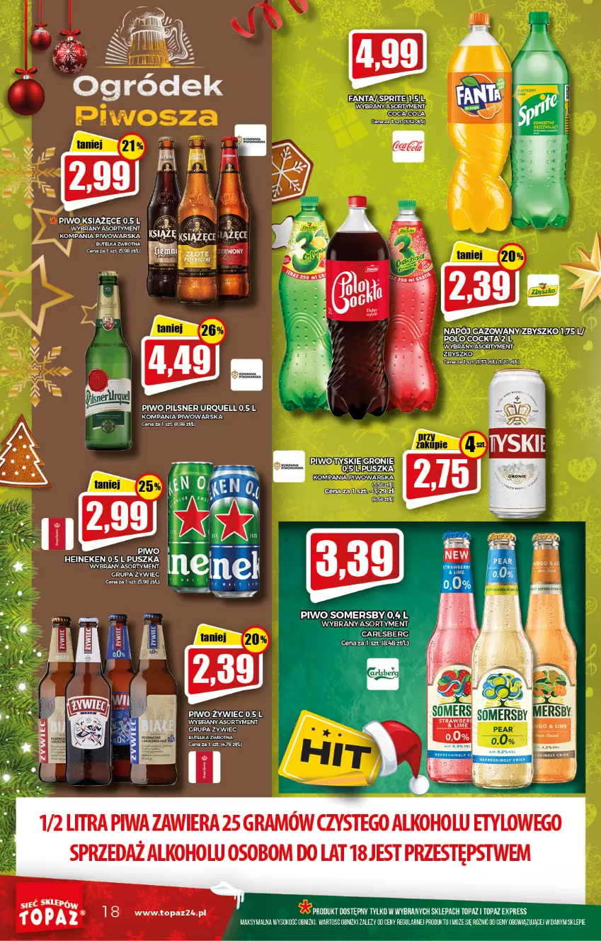 Gazetka promocyjna Topaz - Gazetka - ważna 16.12 do 24.12.2021 - strona 18 - produkty: Carlsberg, Coca-Cola, Fa, Fanta, Gra, Heineken, Książęce, Pilsner Urquell, Piwa, Piwo, Sok, Somersby, Sprite, Top