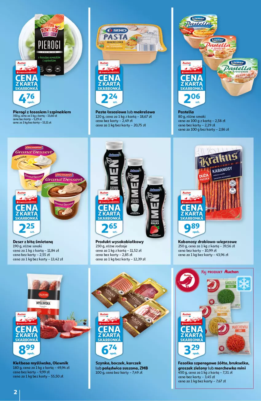 Gazetka promocyjna Auchan - Skarbonka #6 - ważna 10.02 do 16.02.2022 - strona 2 - produkty: Boczek, Brukselka, Deser, Fa, Groszek, Jogurt, Kabanos, Kiełbasa, Marchewka, Olewnik, Pastella, Pierogi, Polędwica, Ser, Sok, Sos, Szpinak, Szynka