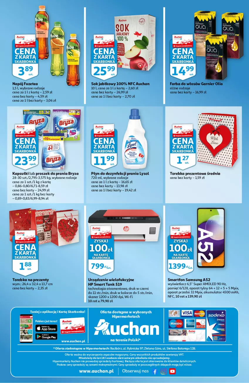 Gazetka promocyjna Auchan - Skarbonka #6 - ważna 10.02 do 16.02.2022 - strona 4 - produkty: Akumulator, Amol, Bryza, Fa, Farba do włosów, Garnier, HP, Lysol, Napój, Proszek do prania, Samsung, Skaner, Smartfon, Sok, Sok jabłkowy, Torebka