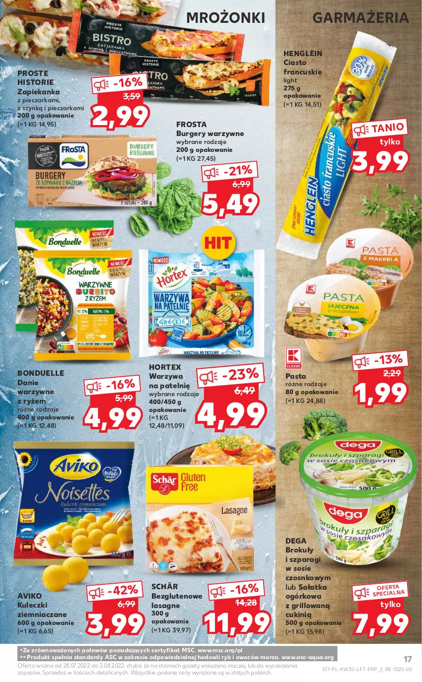 Gazetka promocyjna Kaufland - OFERTA TYGODNIA - ważna 28.07 do 03.08.2022 - strona 17 - produkty: Bonduelle, Brokuły, Burger, Ciasto francuskie, Dega, Frosta, Grill, Hortex, Lasagne, Piec, Pieczarka, Ryż, Sałat, Sałatka, Sałatka ogórkowa, Sos, Warzywa, Zapiekanka