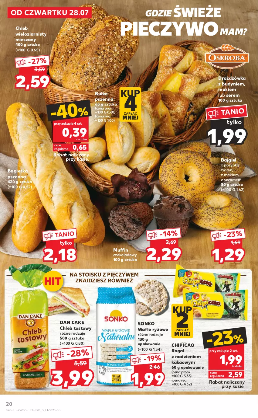 Gazetka promocyjna Kaufland - OFERTA TYGODNIA - ważna 28.07 do 03.08.2022 - strona 20 - produkty: Bagietka, Bagietka pszenna, Bułka, Chipicao, Chleb, Chleb tostowy, Chleb wieloziarnisty, Dan Cake, Kakao, Piec, Pieczywo, Rogal, Ryż, Ser, Sezam, Sonko, Wafle