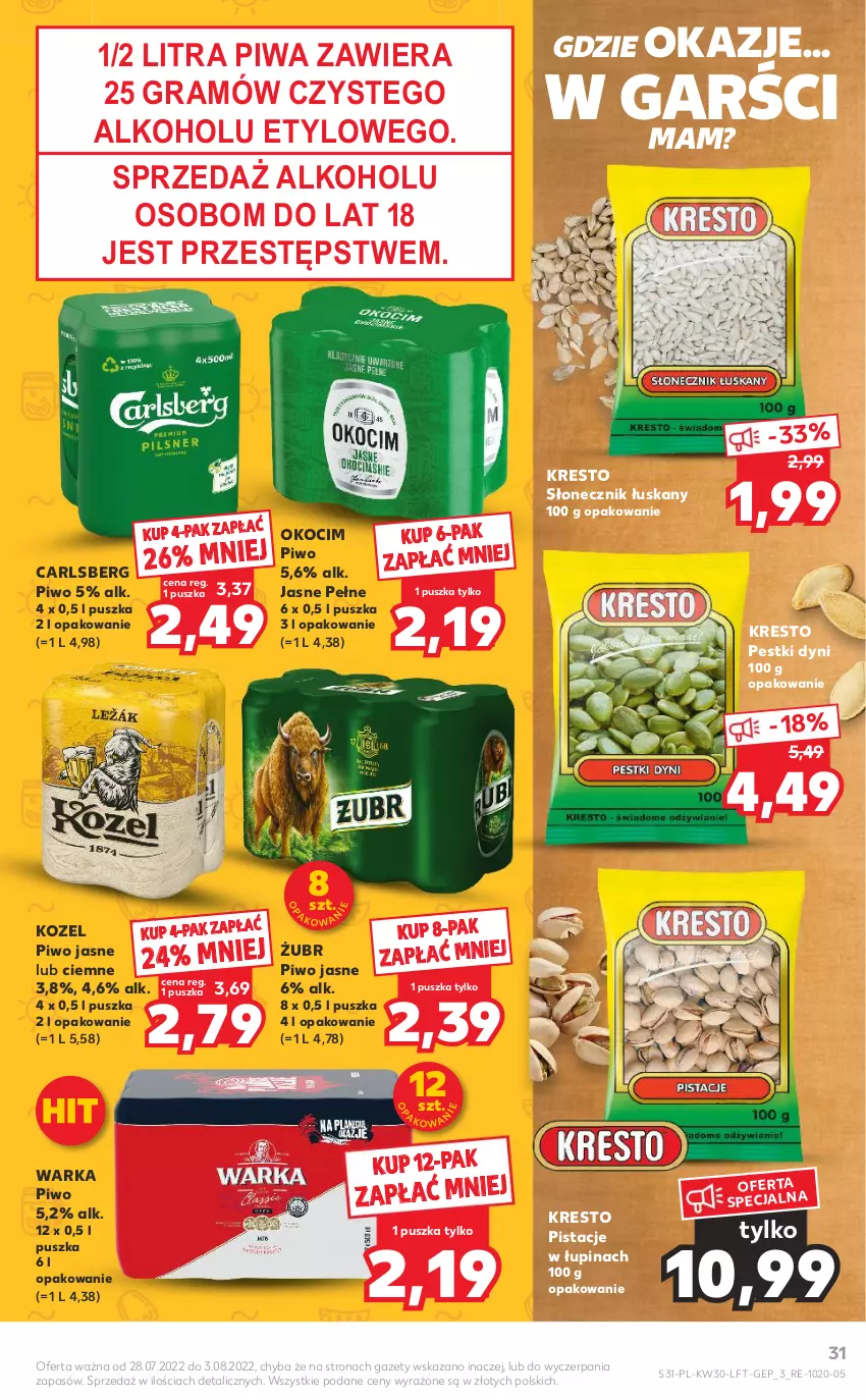 Gazetka promocyjna Kaufland - OFERTA TYGODNIA - ważna 28.07 do 03.08.2022 - strona 31 - produkty: Carlsberg, Gra, Koc, Kozel, Okocim, Pestki dyni, Pistacje, Piwa, Piwo, Piwo jasne, Warka