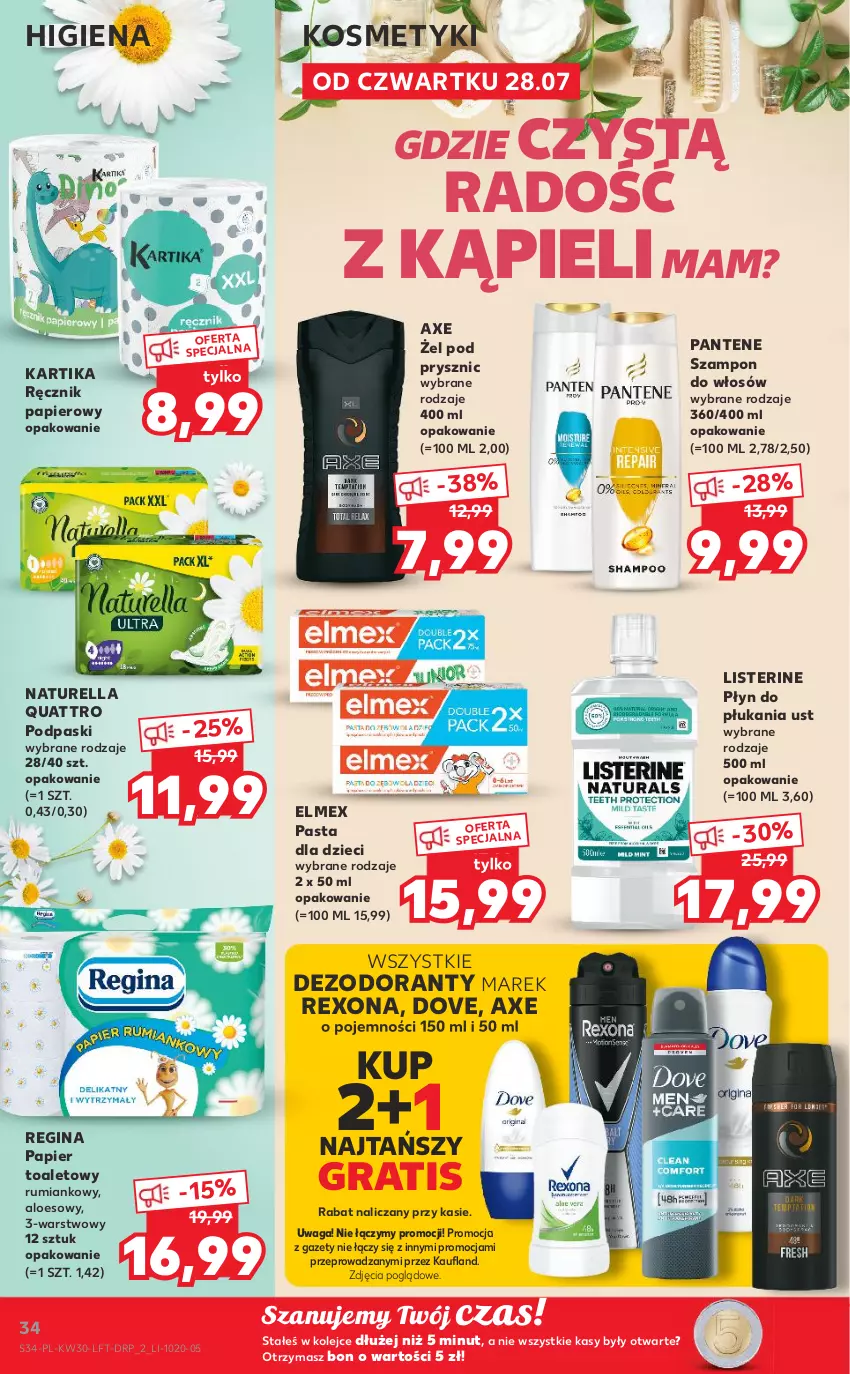 Gazetka promocyjna Kaufland - OFERTA TYGODNIA - ważna 28.07 do 03.08.2022 - strona 34 - produkty: Dezodorant, Dove, Dzieci, Elmex, Gin, Gra, Listerine, Naturell, Naturella, Olej, Pantene, Papier, Papier toaletowy, Płyn do płukania, Podpaski, Ręcznik, Rexona, Rum, Szampon, Waga