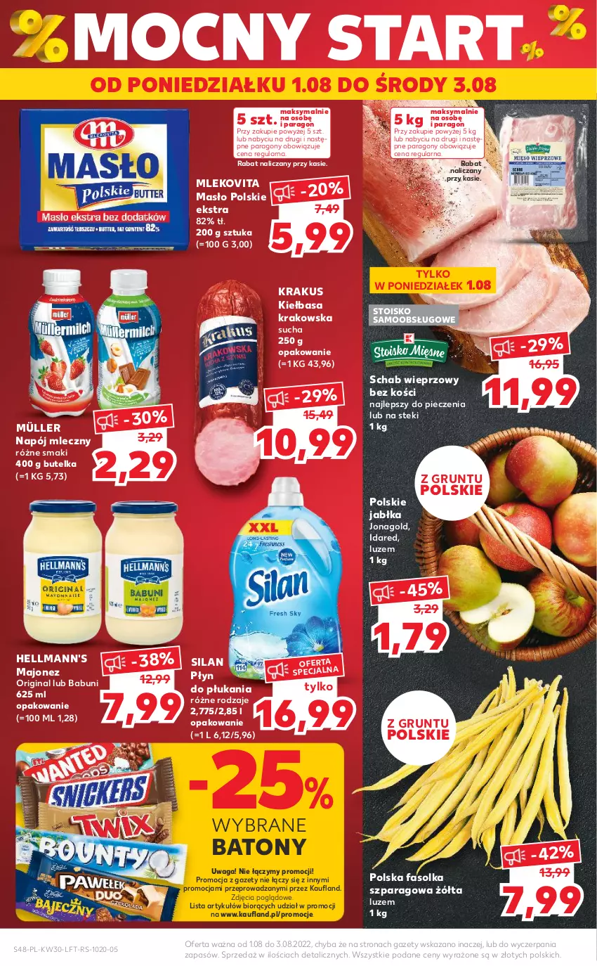 Gazetka promocyjna Kaufland - OFERTA TYGODNIA - ważna 28.07 do 03.08.2022 - strona 48 - produkty: Babuni, Baton, Fa, Gin, Grunt, Jabłka, Jonagold, Kiełbasa, Kiełbasa krakowska, Krakus, Majonez, Masło, Mleko, Mlekovita, Müller, Napój, Napój mleczny, Piec, Płyn do płukania, Schab wieprzowy, Silan, Stek, Waga