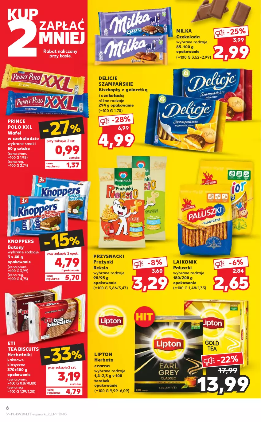 Gazetka promocyjna Kaufland - OFERTA TYGODNIA - ważna 28.07 do 03.08.2022 - strona 6 - produkty: Baton, Biszkopty, Czekolada, Delicje, Gala, Herbata, Herbata czarna, Herbatniki, Kakao, Knoppers, Lajkonik, Lipton, Milka, Prince Polo, Przysnacki