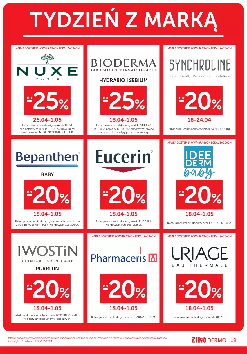 Gazetka promocyjna Ziko - Gazetka Ziko Dermo - ważna 18.04 do 01.05.2024 - strona 19 - produkty: Acer, Bepanthen, Bioderma, Iwostin, Nuxe, Olej, Pharmaceris, Pur, Ser