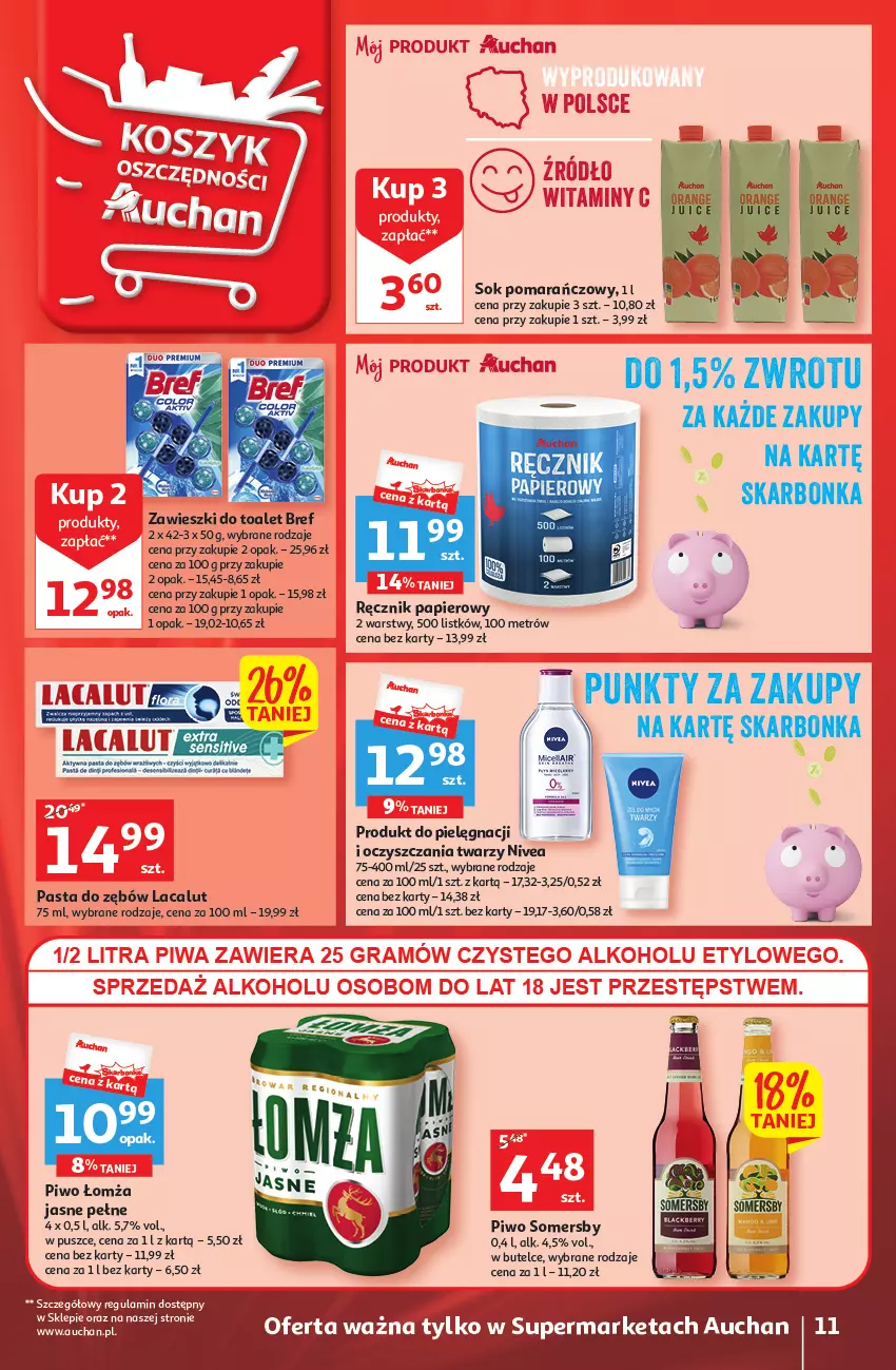 Gazetka promocyjna Auchan - Gazetka Wielkie majowe odkrycia cenowe część #2 Supermarket Auchan - ważna 04.05 do 10.05.2023 - strona 11 - produkty: Bref, Fa, Lacalut, Nivea, Papier, Pasta do zębów, Piwo, Ręcznik, Sok, Sok pomarańczowy, Somersby, Zawieszki