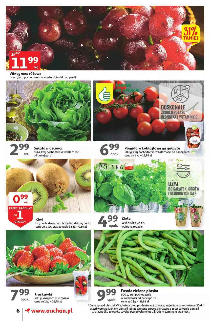 Gazetka promocyjna Auchan - Gazetka Wielkie majowe odkrycia cenowe część #2 Supermarket Auchan - ważna 04.05 do 10.05.2023 - strona 6 - produkty: Fa, Fasola, Kiwi, Masło, O nas, Pomidory, Sałat, Sałata masłowa, Sos, Truskawki, Wino, Winogrona