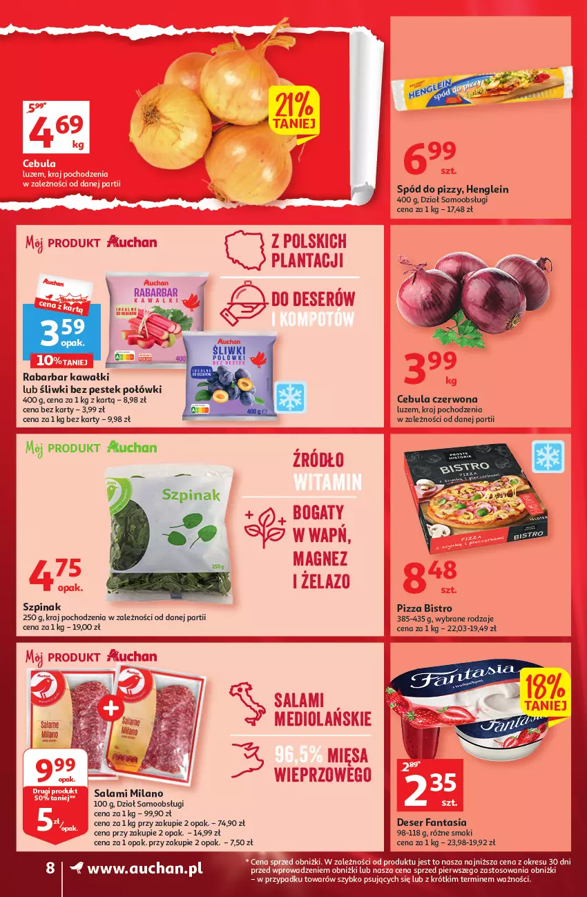 Gazetka promocyjna Auchan - Gazetka Wielkie majowe odkrycia cenowe część #2 Supermarket Auchan - ważna 04.05 do 10.05.2023 - strona 8 - produkty: Cebula, Cebula czerwona, Deser, Fa, Fanta, Kawa, O nas, Pizza, Salami, Ser, Spód do pizzy, Stek, Szpinak