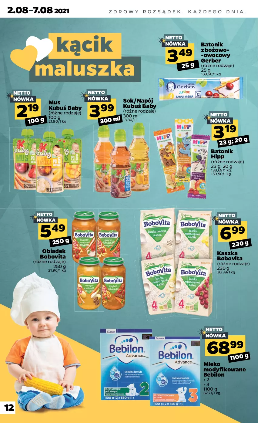 Gazetka promocyjna Netto - Gazetka spożywcza - ważna 02.08 do 07.08.2021 - strona 12 - produkty: Baton, BoboVita, Gerber, HiPP, Kubuś, Mleko, Mleko modyfikowane, Mus, Napój, Sok, Tonik