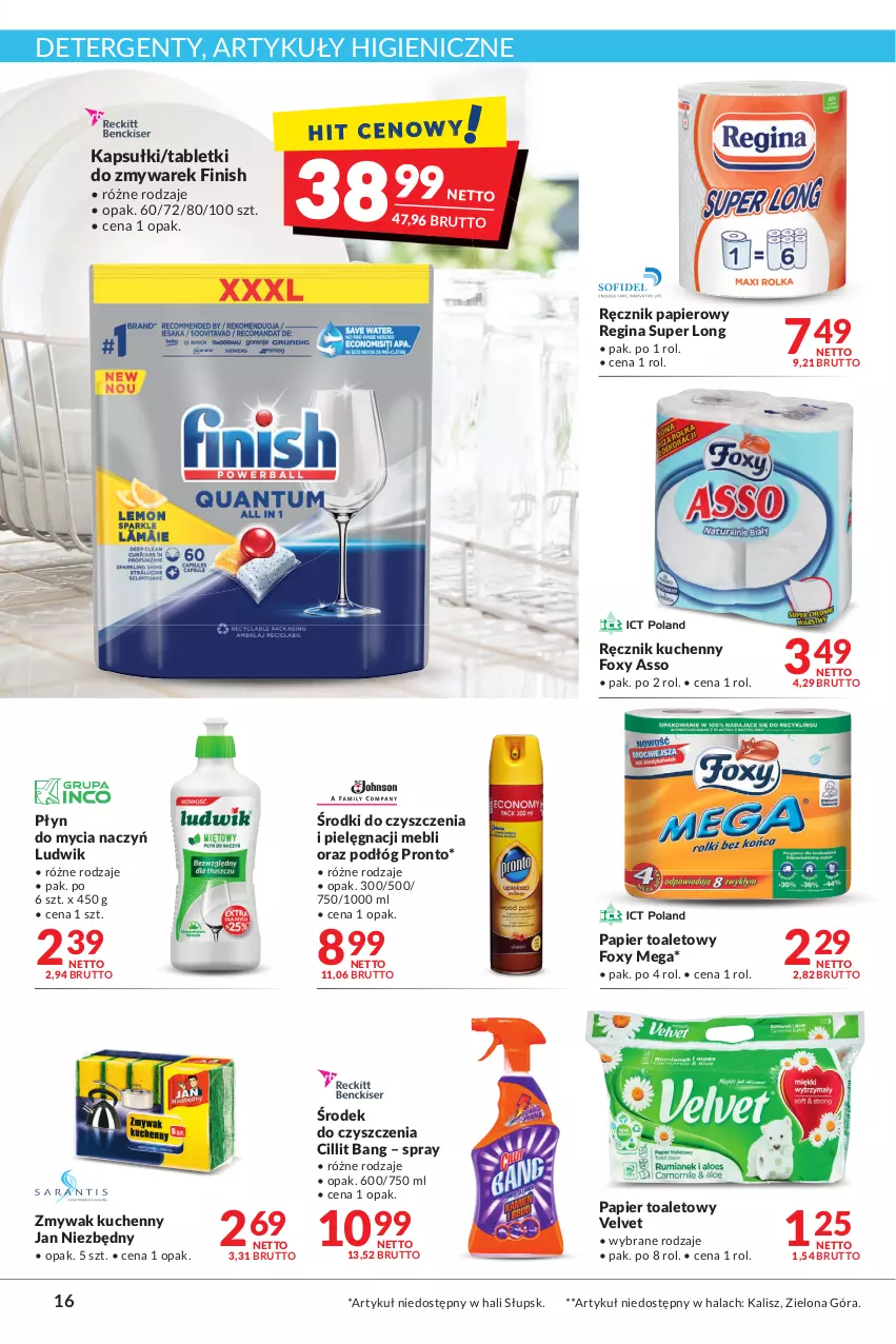 Gazetka promocyjna Makro - Najlepsze oferty - oferta z alkoholem - ważna 04.10 do 17.10.2022 - strona 16 - produkty: Cillit Bang, Do mycia naczyń, Finish, Foxy, Gin, Jan Niezbędny, Ludwik, Papier, Papier toaletowy, Płyn do mycia, Płyn do mycia naczyń, Pronto, Ręcznik, Ręcznik kuchenny, Tablet, Velvet