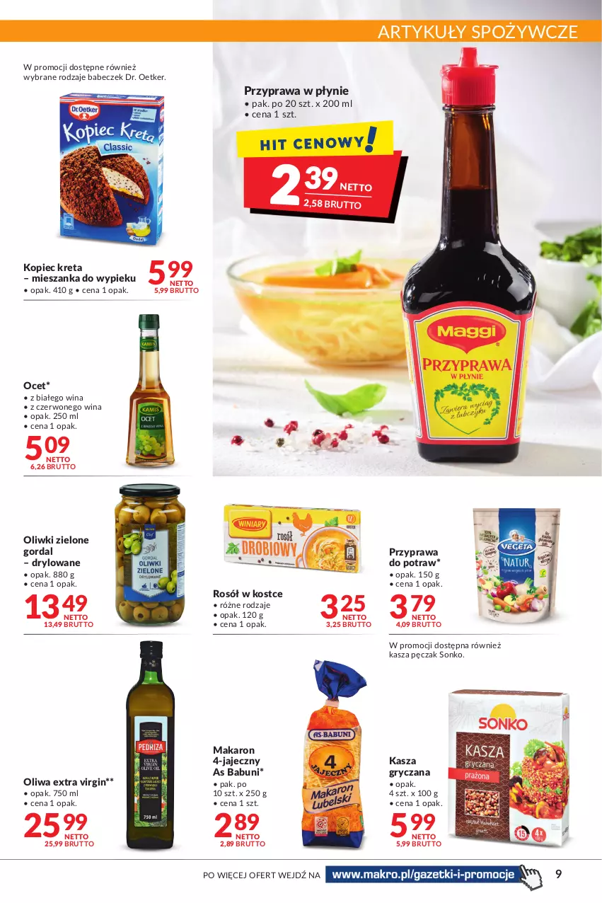 Gazetka promocyjna Makro - Najlepsze oferty - oferta z alkoholem - ważna 04.10 do 17.10.2022 - strona 9 - produkty: Artykuły spożywcze, Babuni, Dr. Oetker, Gin, Gry, Kasza, Kasza gryczana, Kopiec Kreta, Kret, Makaron, Ocet, Oliwki, Oliwki zielone, Piec, Przyprawa do potraw, Przyprawa w płynie, Rosół, Sonko