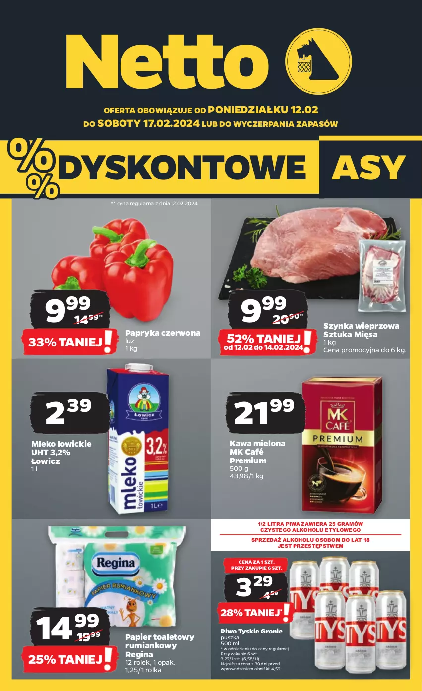 Gazetka promocyjna Netto - Artykuły spożywcze - ważna 12.02 do 17.02.2024 - strona 1 - produkty: Gin, Gra, Kawa, Kawa mielona, Mleko, Papier, Papier toaletowy, Papryka, Papryka czerwona, Piwa, Piwo, Rum, Szynka, Szynka wieprzowa, Tyskie