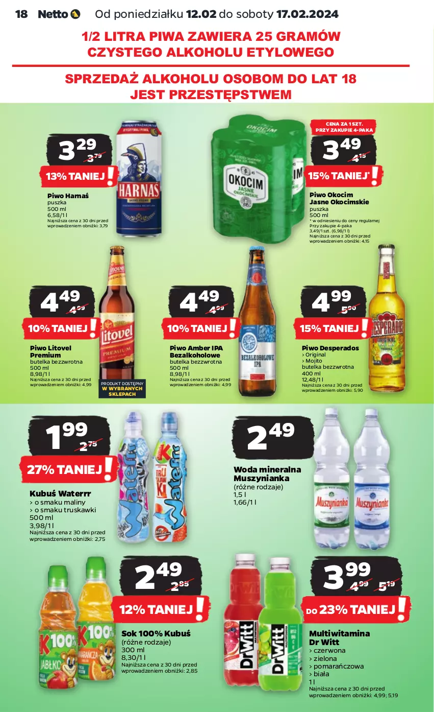 Gazetka promocyjna Netto - Artykuły spożywcze - ważna 12.02 do 17.02.2024 - strona 18 - produkty: Desperados, Gin, Gra, Harnaś, Koc, Kubuś, Kubuś Waterrr, Maliny, Mus, Muszynianka, Okocim, Piwa, Piwo, Sok, Truskawki, Woda, Woda mineralna