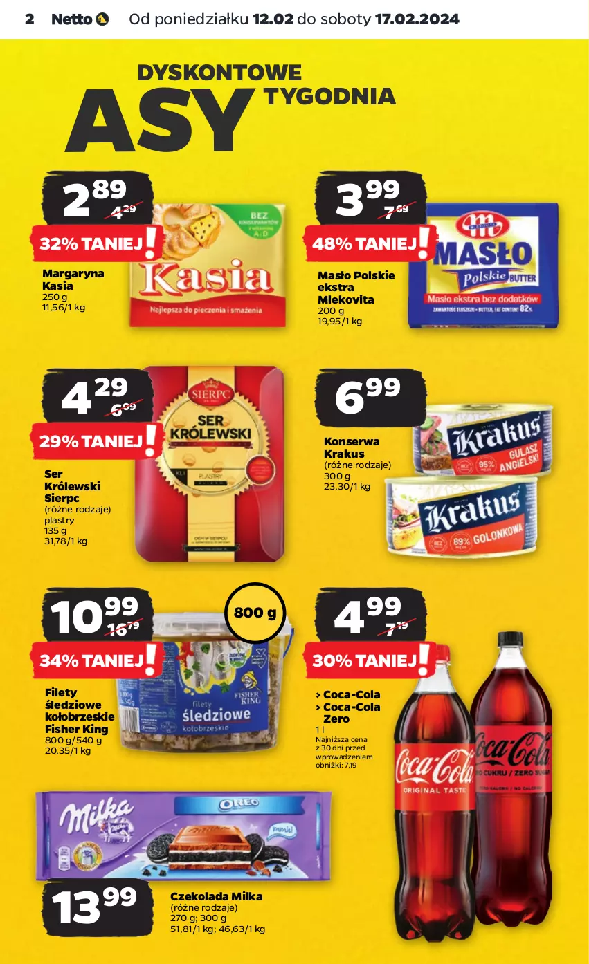 Gazetka promocyjna Netto - Artykuły spożywcze - ważna 12.02 do 17.02.2024 - strona 2 - produkty: Coca-Cola, Czekolada, Kasia, Krakus, Królewski, Margaryna, Masło, Milka, Mleko, Mlekovita, Ser