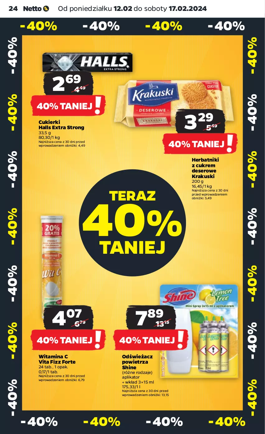 Gazetka promocyjna Netto - Artykuły spożywcze - ważna 12.02 do 17.02.2024 - strona 24 - produkty: Cukier, Cukierki, Deser, Halls, Herbatniki, Krakus, Krakuski, Odświeżacz powietrza, Ser, Tera