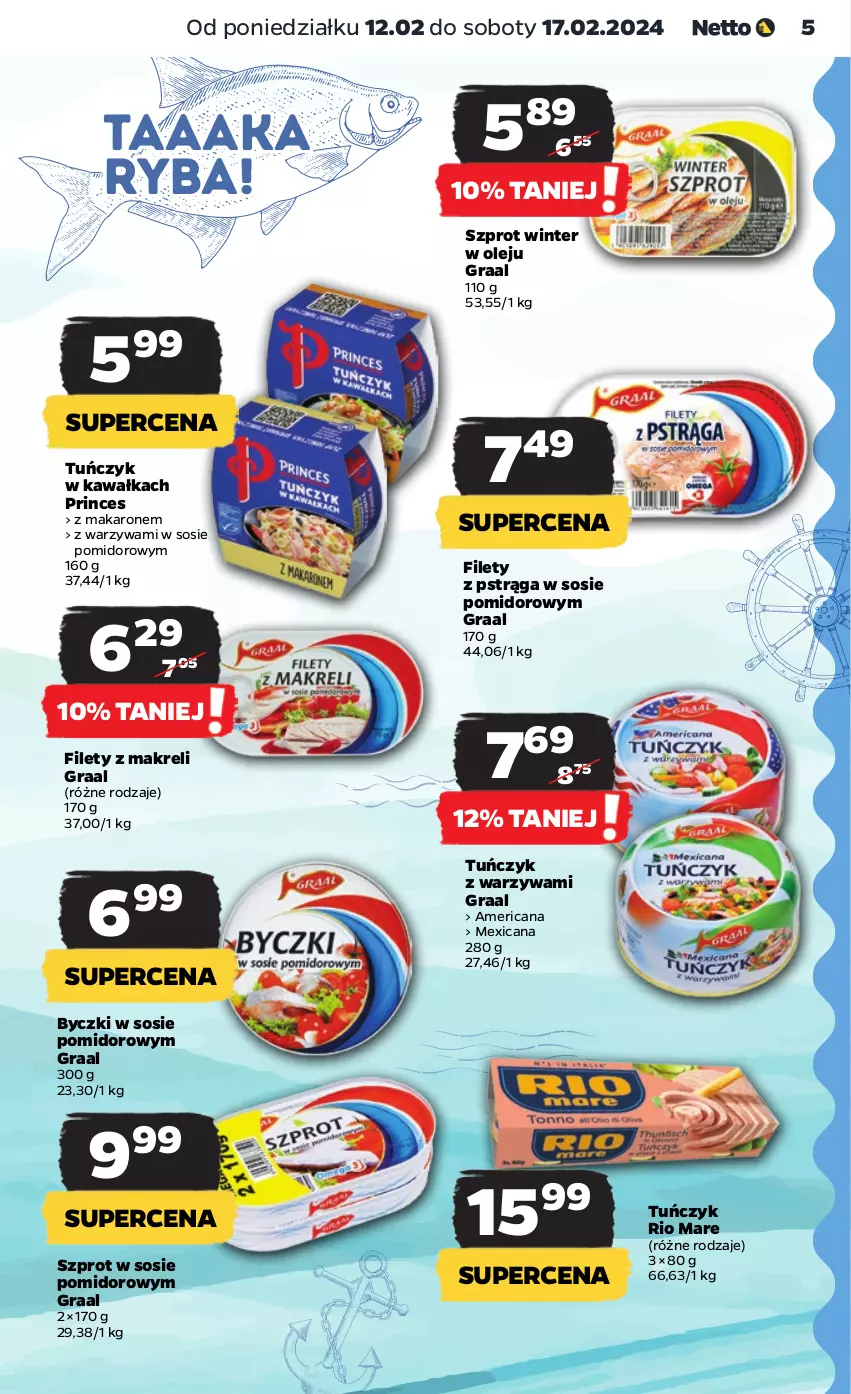 Gazetka promocyjna Netto - Artykuły spożywcze - ważna 12.02 do 17.02.2024 - strona 5 - produkty: Ba!, Gra, Graal, Kawa, Makaron, Olej, Pstrąg, Rio Mare, Ryba, Sos, Szprot, Szprot w sosie, Tuńczyk, Warzywa