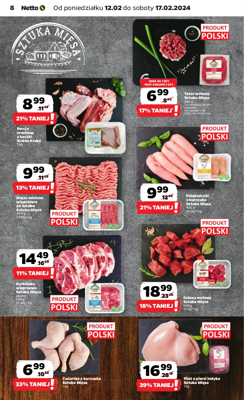 Gazetka promocyjna Netto - Artykuły spożywcze - ważna 12.02 do 17.02.2024 - strona 8 - produkty: Filet z piersi indyka, Gulasz wołowy, Karkówka wieprzowa, Kurczak, Mięso, Mięso mielone, Polędwiczki z kurczaka, Por, Tatar wołowy