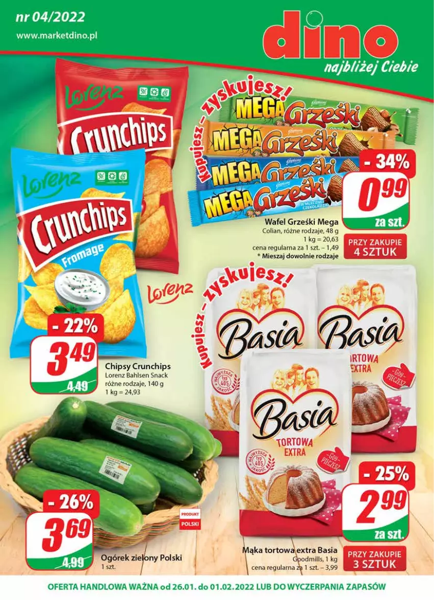 Gazetka promocyjna Dino - Gazetka - ważna 26.01 do 01.02.2022 - strona 1 - produkty: Basia, Chipsy, Crunchips, Grześki, Lorenz, Mąka, Mąka tortowa, Ogórek