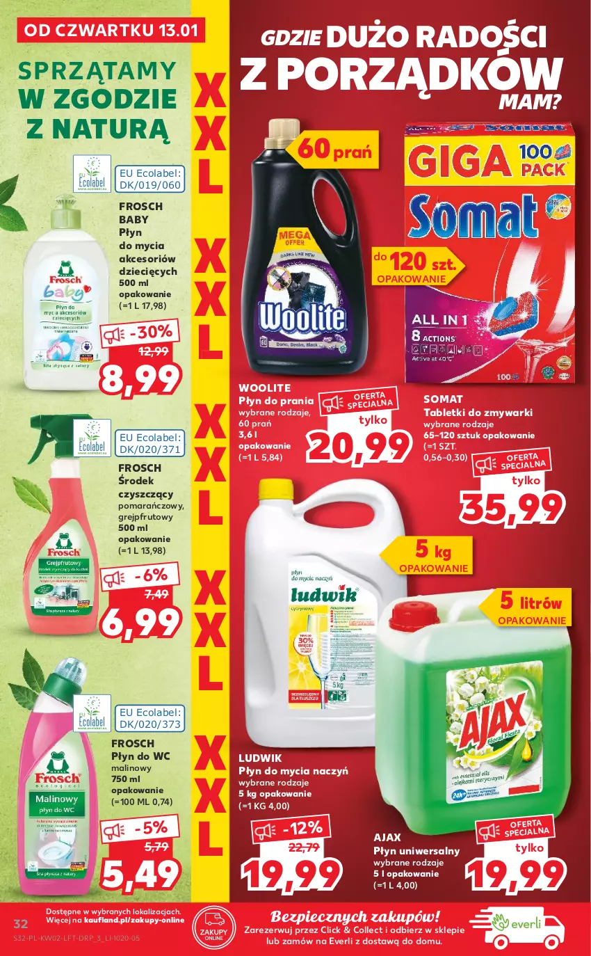 Gazetka promocyjna Kaufland - OFERTA TYGODNIA - ważna 13.01 do 19.01.2022 - strona 32 - produkty: Ajax, Do mycia naczyń, Dzieci, Frosch, Grejpfrut, Ludwik, Piec, Płyn do mycia, Płyn do mycia naczyń, Płyn do prania, Płyn do wc, Por, Somat, Tablet, Tabletki do zmywarki, Woolite, Zmywarki