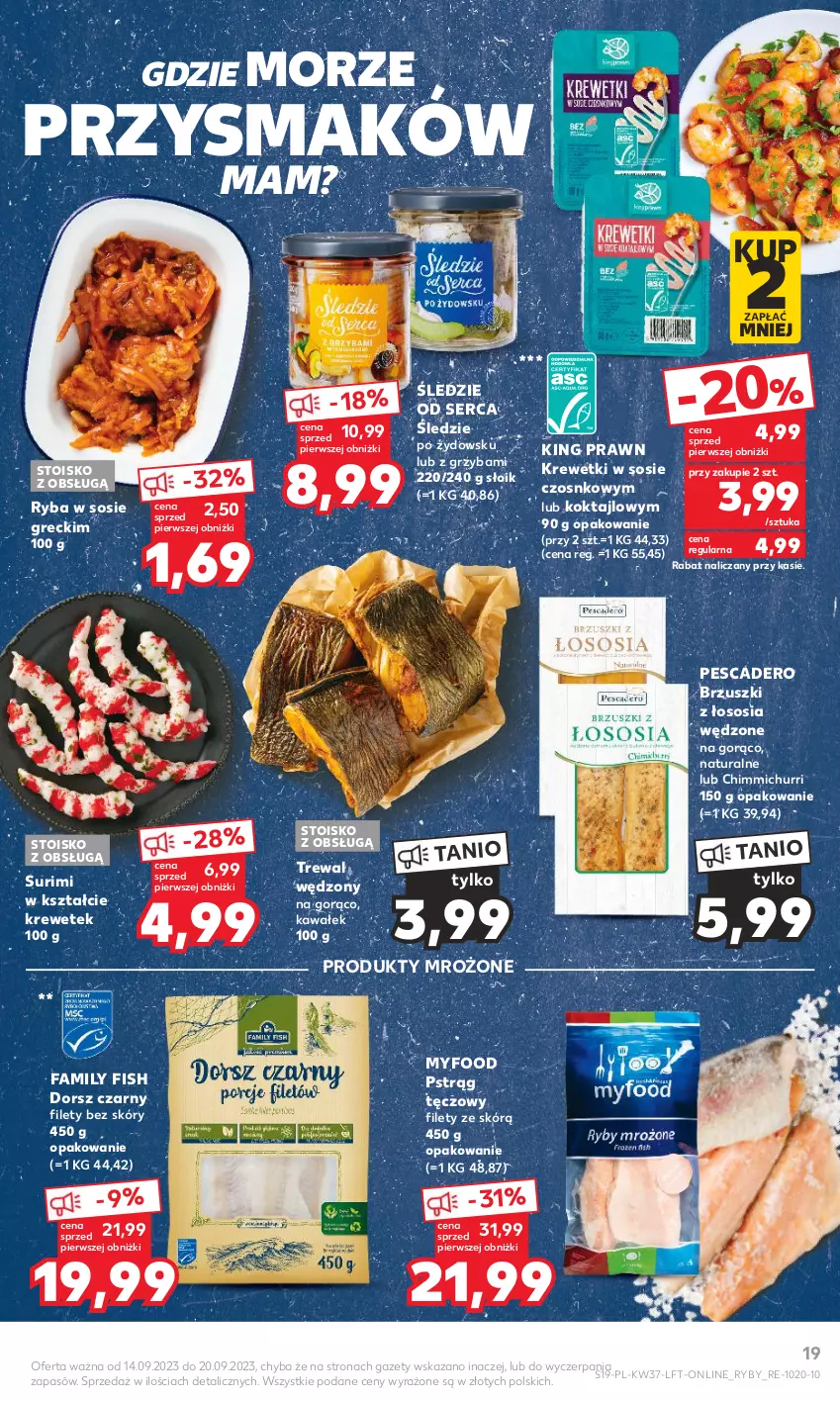 Gazetka promocyjna Kaufland - Gazetka tygodnia - ważna 14.09 do 20.09.2023 - strona 19 - produkty: Brzuszki z łososia, Dorsz, Fa, Kawa, Krewetki, Produkty mrożone, Pstrąg, Pstrąg tęczowy, Ryba, Ser, Sos, Surimi, Wałek