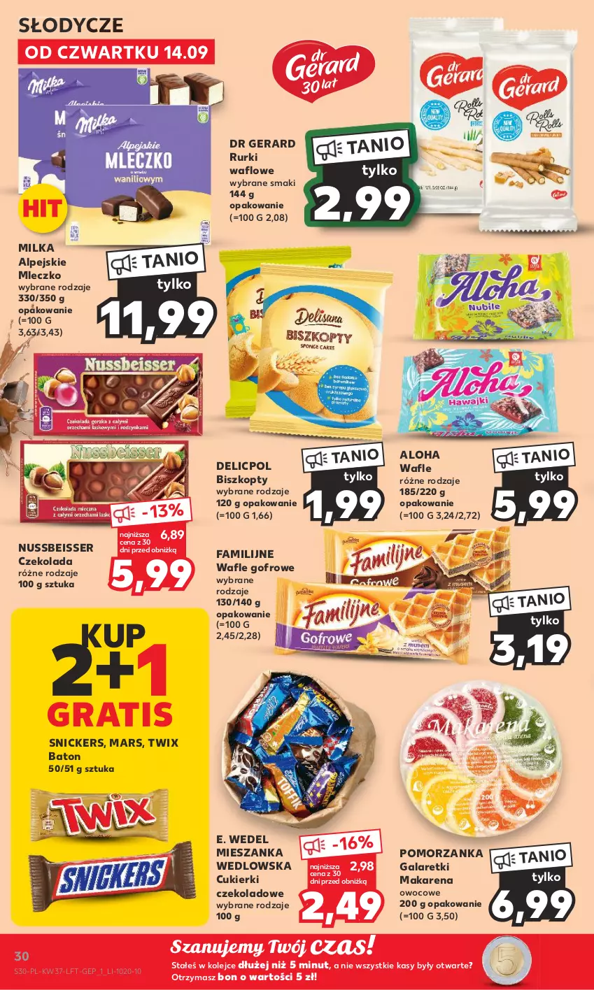 Gazetka promocyjna Kaufland - Gazetka tygodnia - ważna 14.09 do 20.09.2023 - strona 30 - produkty: Baton, Biszkopty, Cukier, Cukierki, Cukierki czekoladowe, Czekolada, Dr Gerard, E. Wedel, Fa, Gala, Galaretki, Gra, Mars, Mieszanka wedlowska, Milka, Mleczko, Olej, Rurki, Ser, Snickers, Twix, Wafle