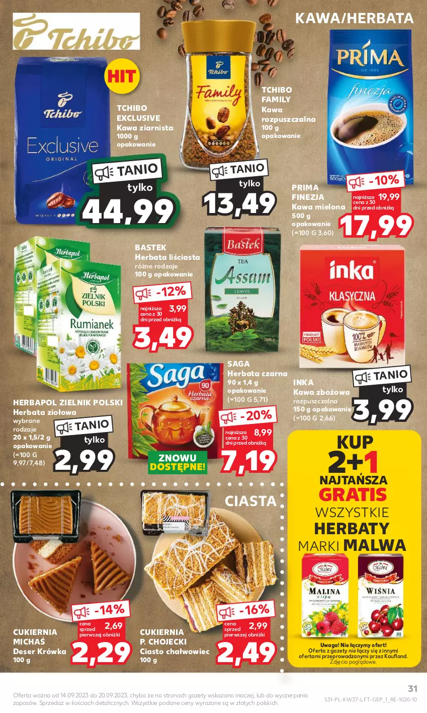 Gazetka promocyjna Kaufland - Gazetka tygodnia - ważna 14.09 do 20.09.2023 - strona 31 - produkty: Cukier, Deser, Fa, Gra, Herbapol, Herbata, Herbata czarna, Inka, Kawa, Kawa mielona, Kawa rozpuszczalna, Kawa zbożowa, Kawa ziarnista, Prima, Saga, Ser, Stek, Tchibo, Tchibo Family, Waga