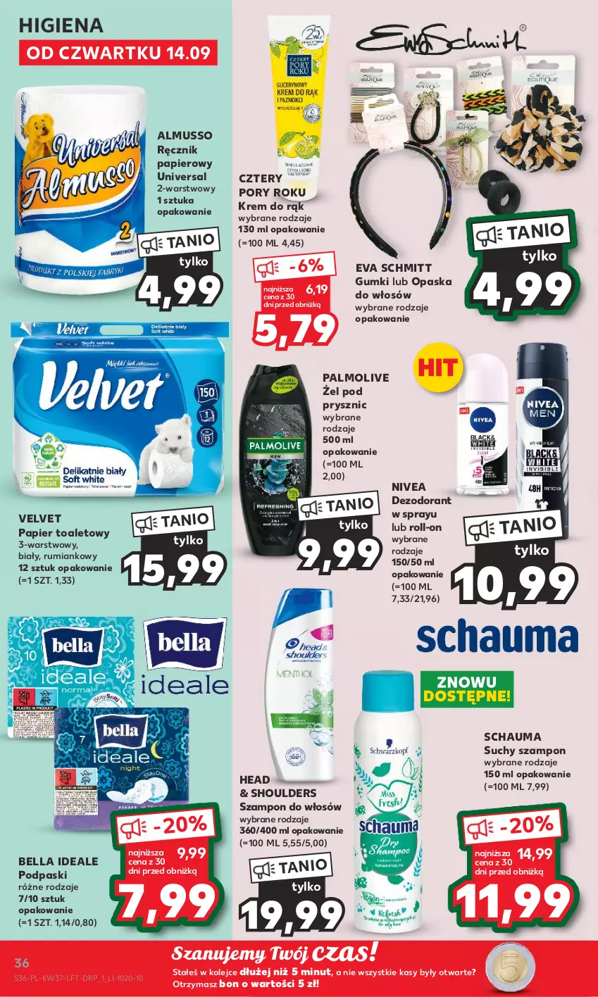 Gazetka promocyjna Kaufland - Gazetka tygodnia - ważna 14.09 do 20.09.2023 - strona 36 - produkty: Bell, Bella, Dezodorant, Krem do rąk, Mus, Nivea, Olej, Opaska, Opaska do włosów, Palmolive, Papier, Papier toaletowy, Podpaski, Por, Ręcznik, Rum, Schauma, Suchy szampon, Szampon, Velvet