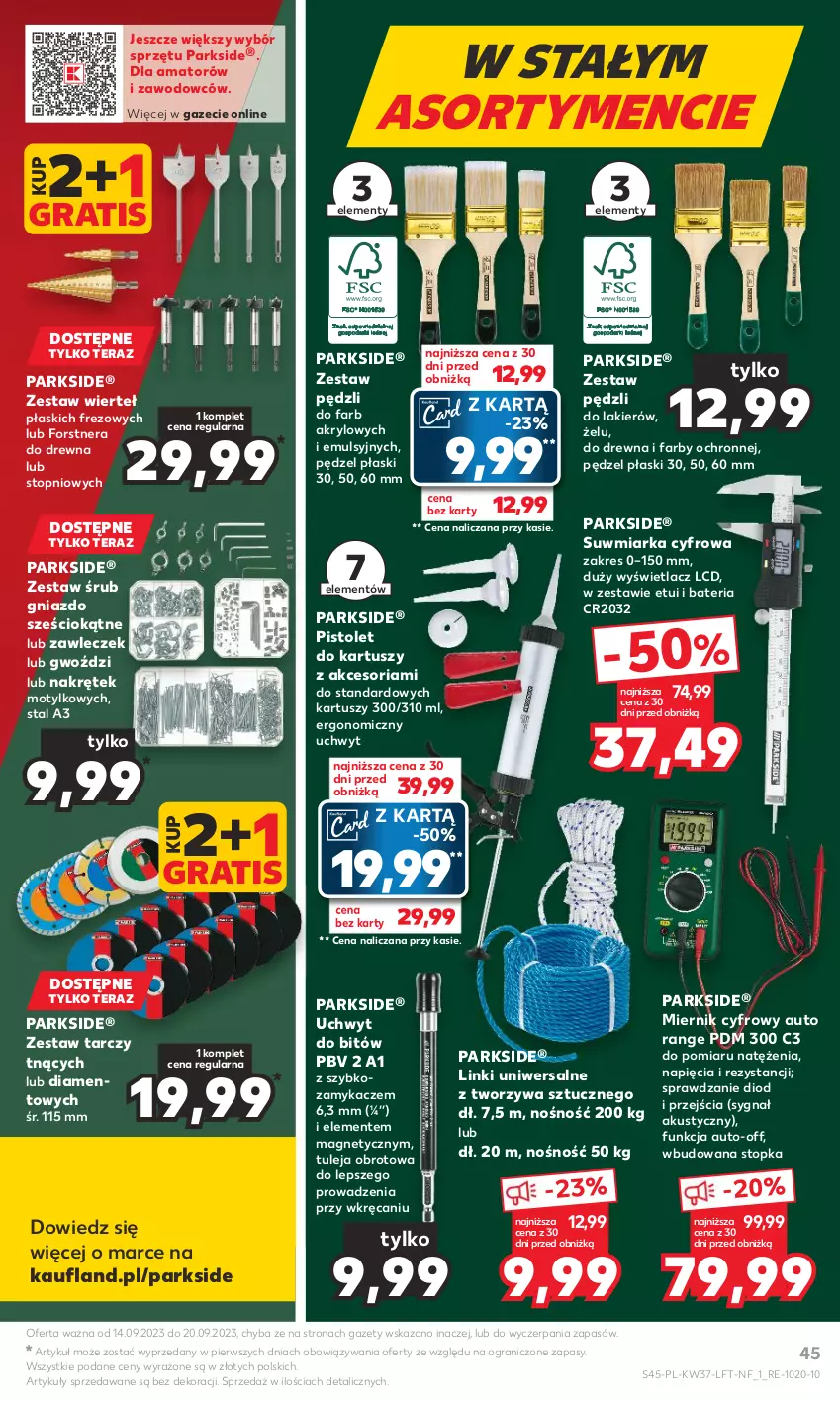 Gazetka promocyjna Kaufland - Gazetka tygodnia - ważna 14.09 do 20.09.2023 - strona 45 - produkty: Bateria, Fa, Gra, Lakier, Miarka, Miernik cyfrowy, Parkside, Pistolet, Tera, Top, Tusz, Zestaw pędzli, Zestaw wierteł