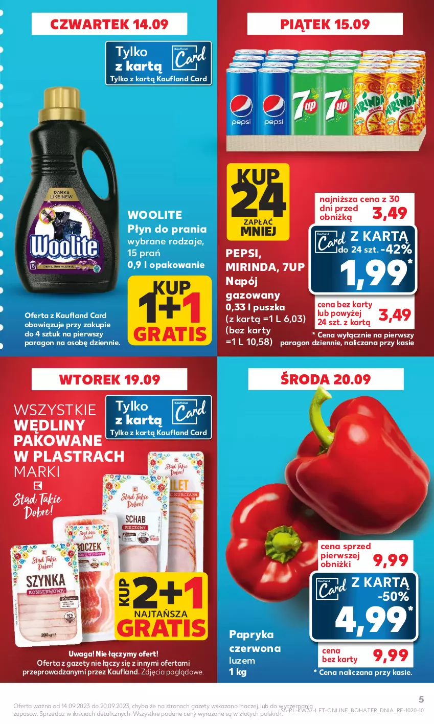 Gazetka promocyjna Kaufland - Gazetka tygodnia - ważna 14.09 do 20.09.2023 - strona 5 - produkty: 7up, Gra, Mirinda, Napój, Napój gazowany, Papryka, Papryka czerwona, Pepsi, Płyn do prania, Waga, Woolite